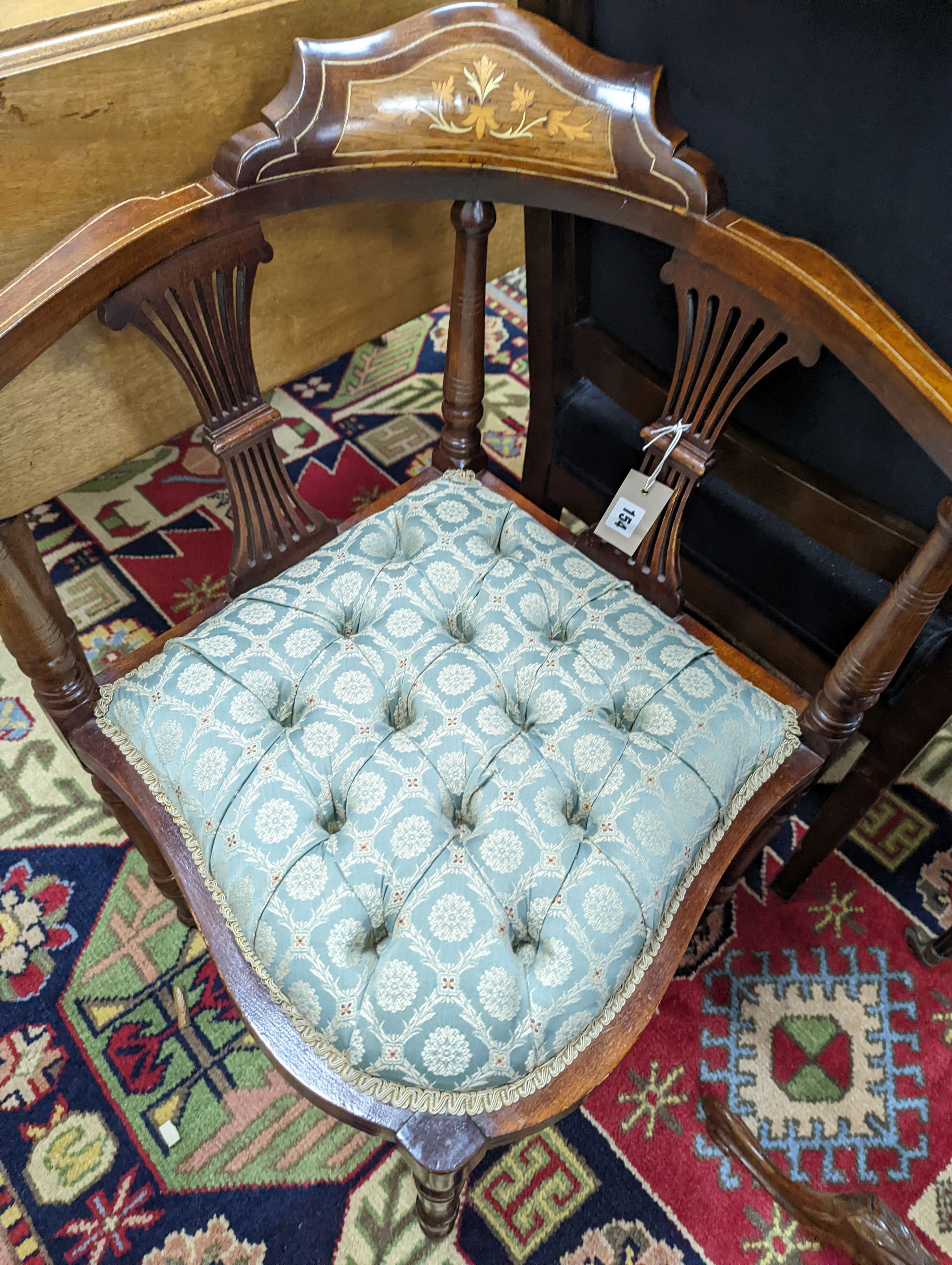 An Empire style gilt metal mounted beech elbow chair together with a late Victorian inlaid corner chair